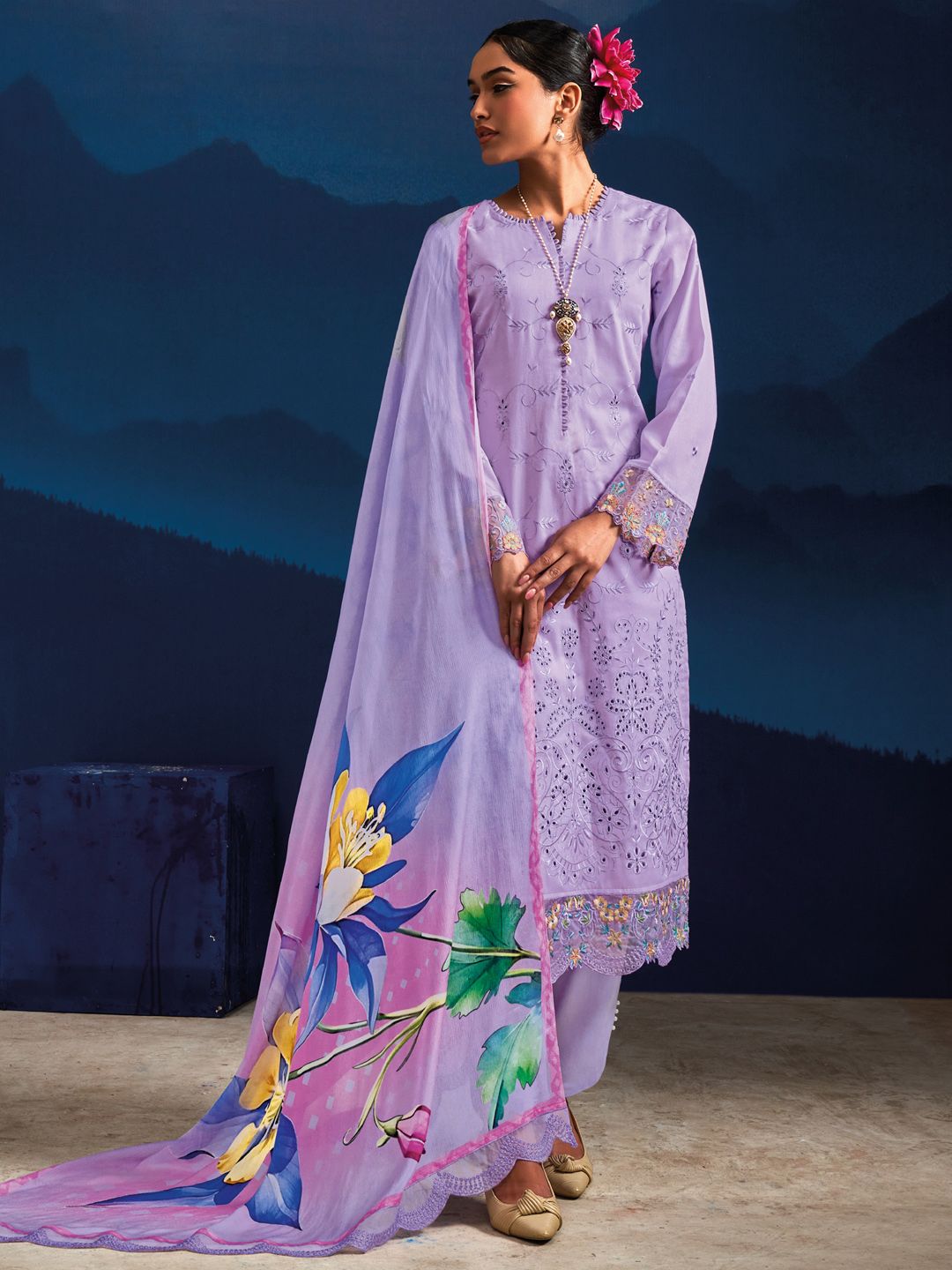 Indo Era Women Floral Embroidered Regular Thread Work Kurta with Trousers & With Dupatta