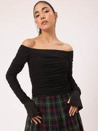 DressBerry Soft Streetwear Off-Shoulder Ruched Bardot Top