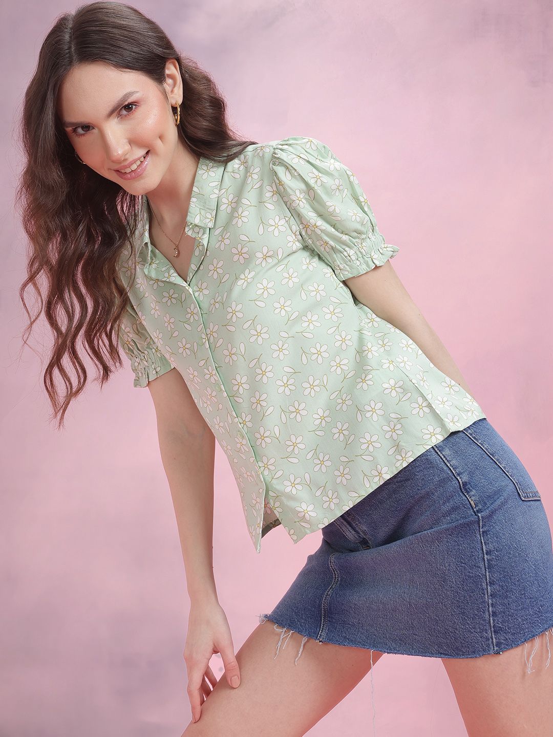 DressBerry Floral Print Puff Sleeve Shirt Style Top