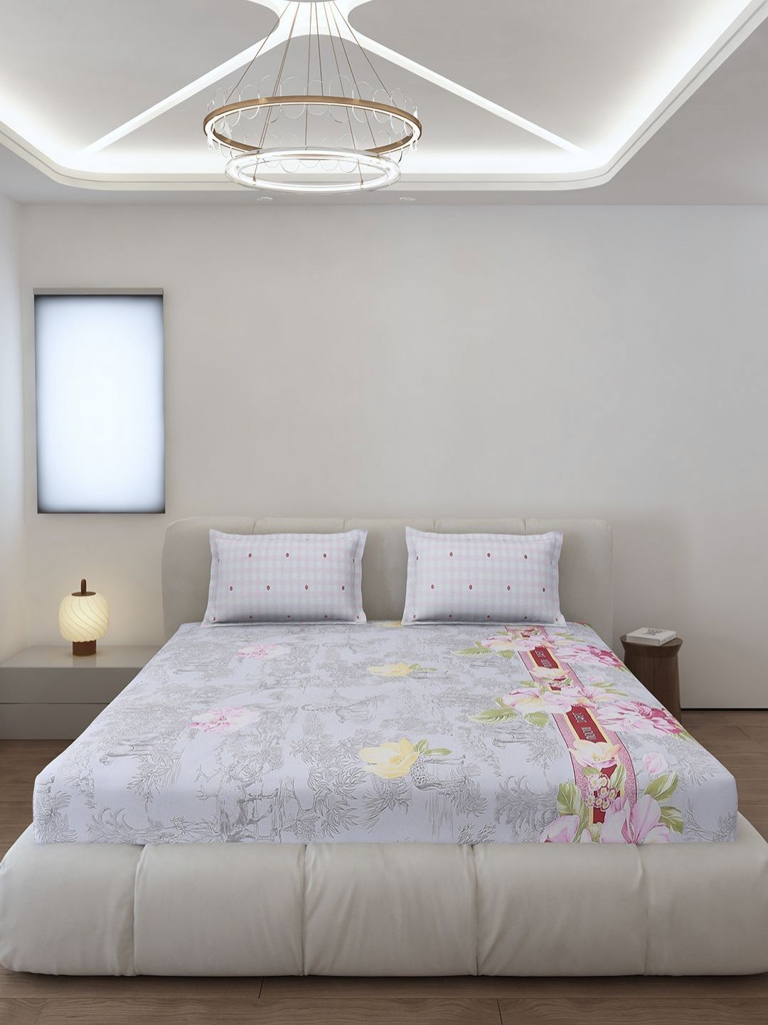 Monte Carlo Edmond Grey & Pink Floral Printed 144 TC King Bedsheet Set 2.70 m x 2.70 m