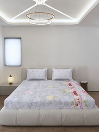 Monte Carlo Edmond Grey & Pink Floral Printed 144 TC King Bedsheet Set 2.70 m x 2.70 m