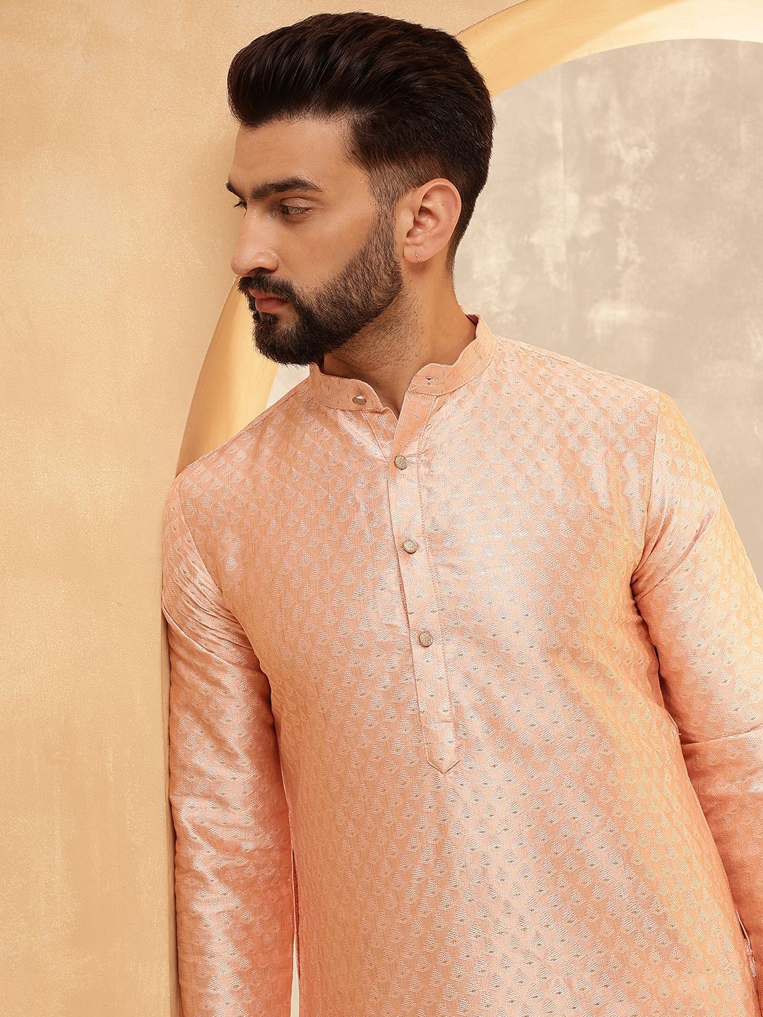 Anouk Pink Ethnic Motifs Woven Design Jacquard Silk Straight Kurta With Trousers