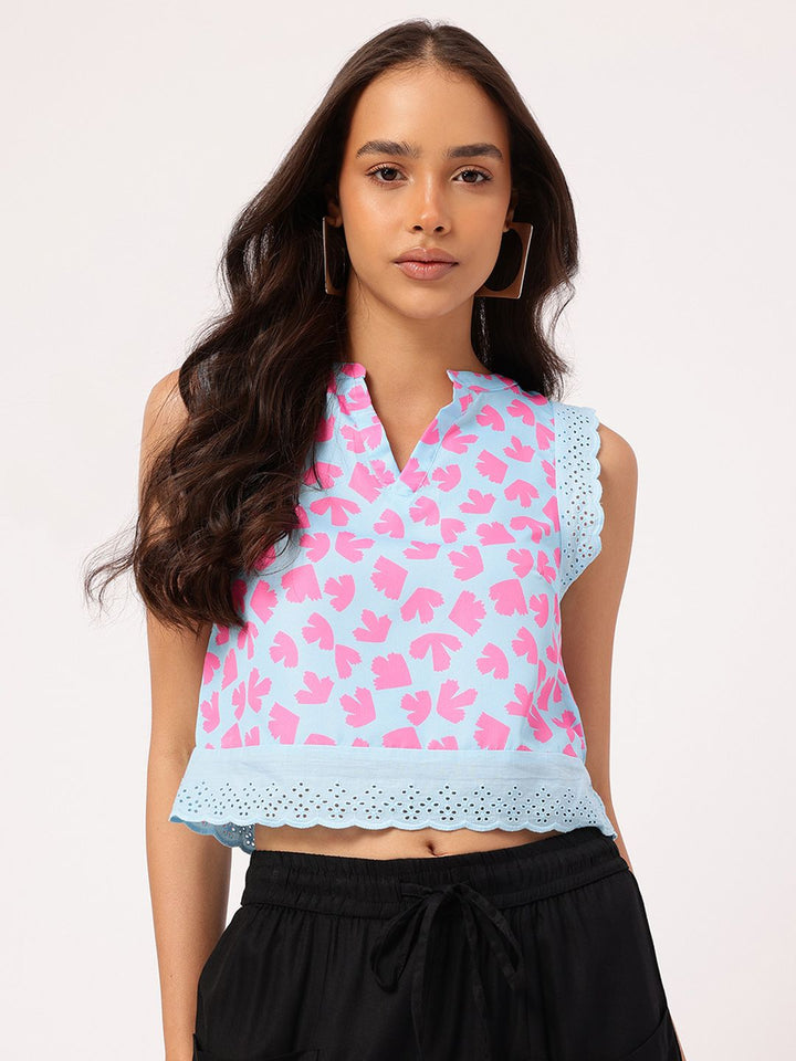 DressBerry Pastel Punk Lace Inserted Printed Sleeveless Crop Top