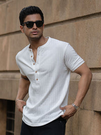 Powerlook Men White Henley Neck T-shirt