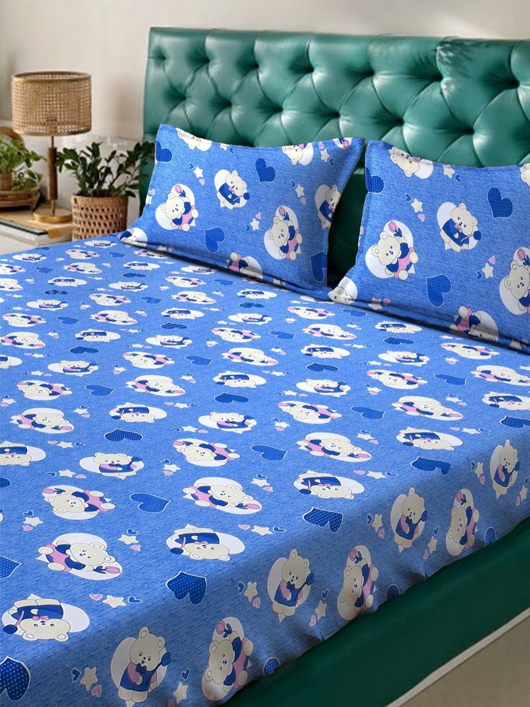 Myntra Elegant Homes Biru Kapas Perbualan 400 TC Dilengkapi Cadar King Halus dengan 2 Sarung Bantal-98 x 89 inci