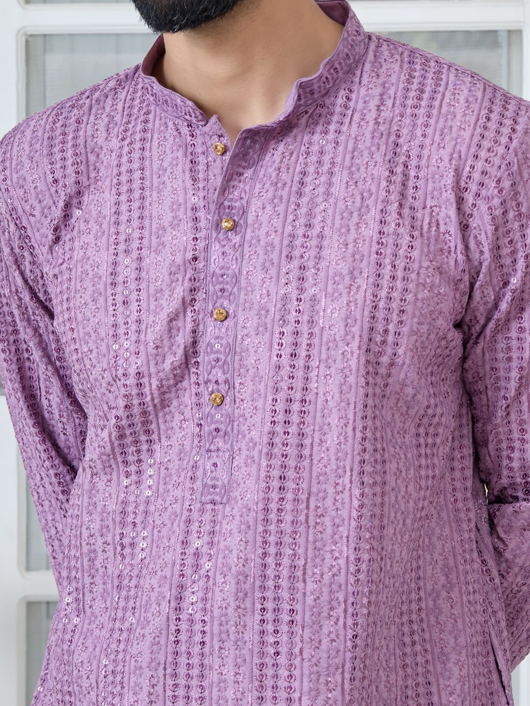 See Designs Floral Embroidered Mandarin Collar Thread Work Straight Kurta