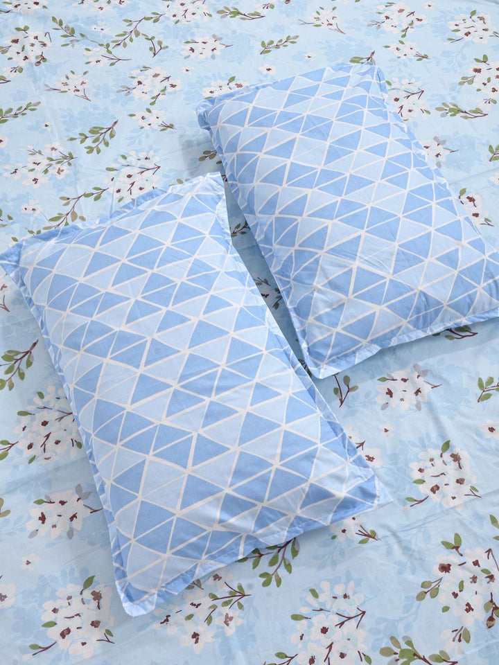 Aura Blue & Green Floral Printed 300 TC Fitted Double King Bedsheet Set-2.5 m X 2.25 m