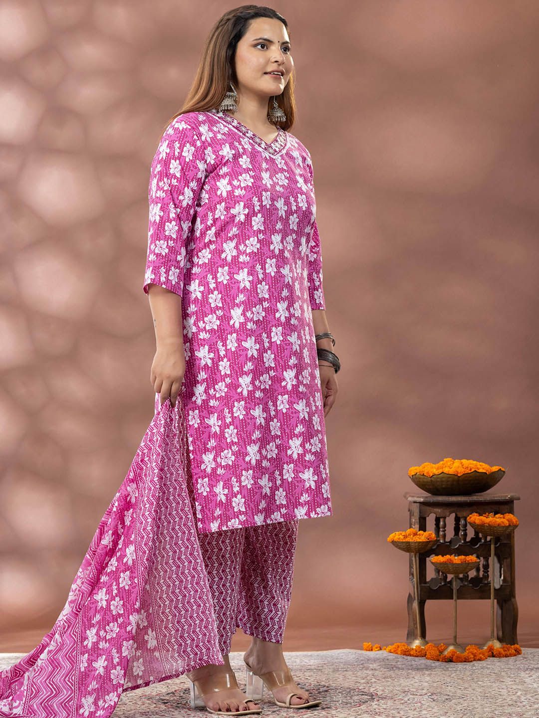 Mamicha Embroidered Kurta With Palazzos & Dupatta