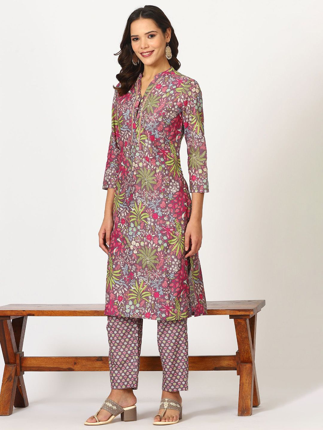 W Purple Floral Printed Three-Quarter Sleeves Pure Cotton Kurta With Trouser & Dupatta