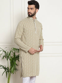 SOJANYA Ethnic Motifs Embroidered Mandarin Collar Sequined Pure Cotton Straight Kurta