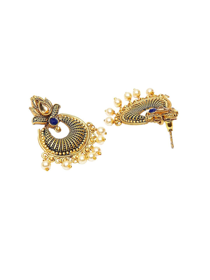 Anouk Blue Gold-Plated Stone Studded & Beaded Crescent Shaped Chandbalis