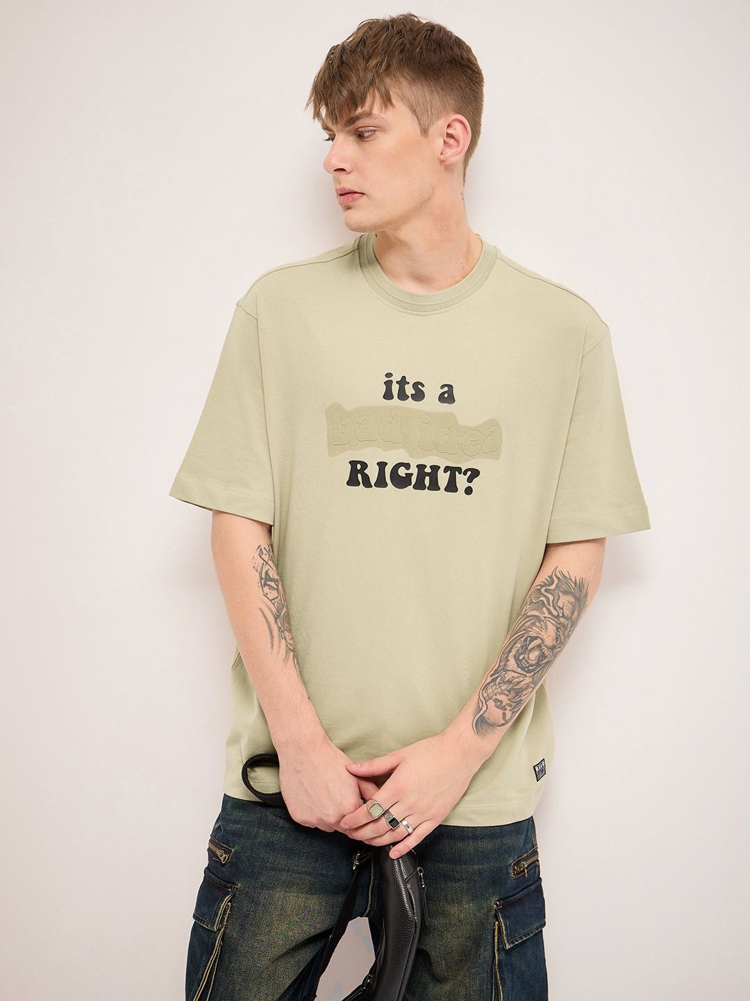 THE BEAR HOUSE Pure Cotton Graphic Printed Round Neck Oversized T-shirt