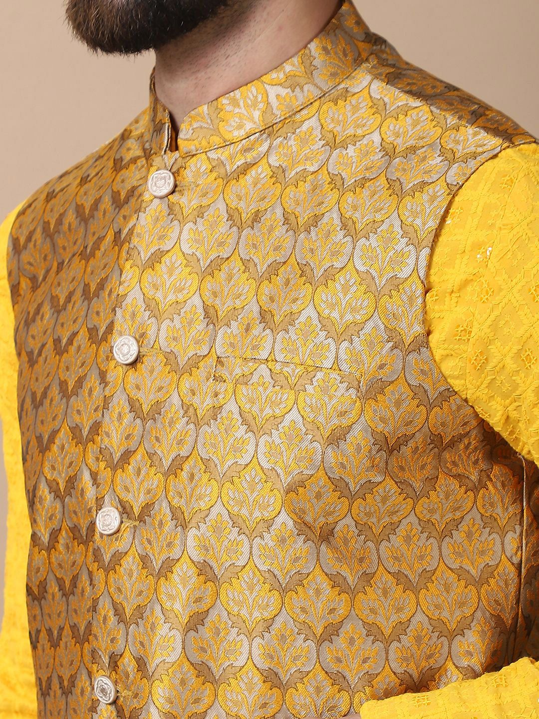Kurta Kapas Tulen Sulaman Bunga Mustard Kuning Anouk dengan Jaket Churidar & Nehru