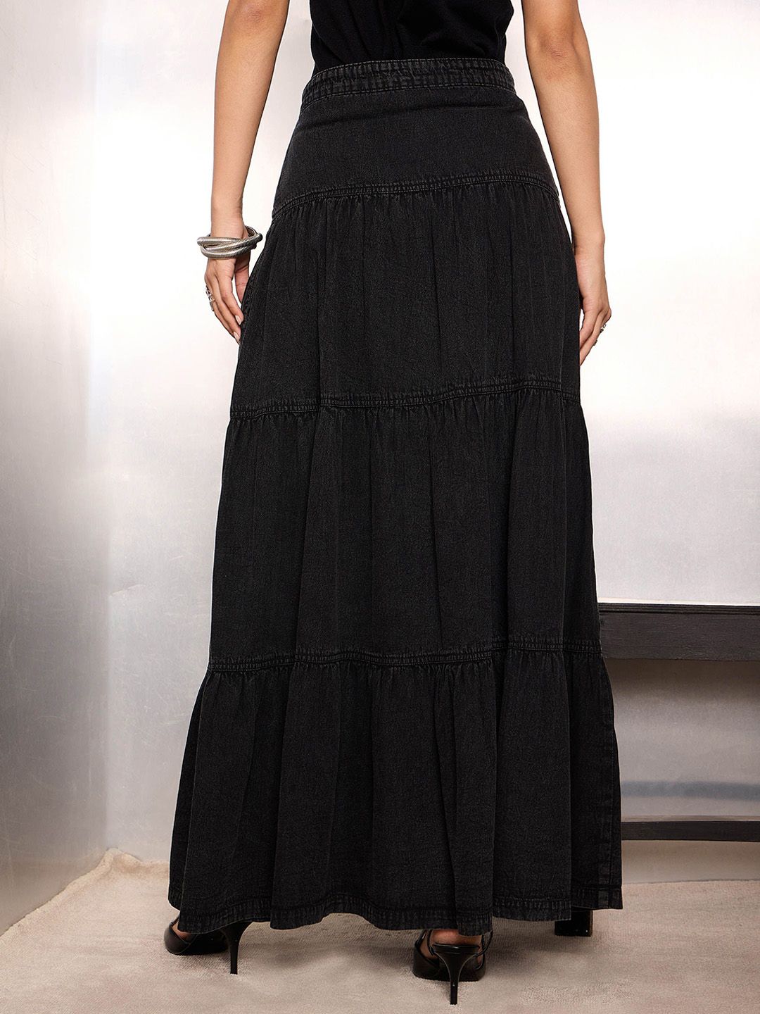 SASSAFRAS Women Denim Flared Maxi Skirts