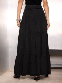 SASSAFRAS Women Denim Flared Maxi Skirts
