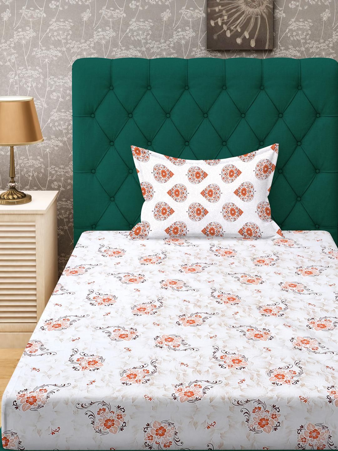 KLOTTHE Orange Floral Cotton Single Bedsheets