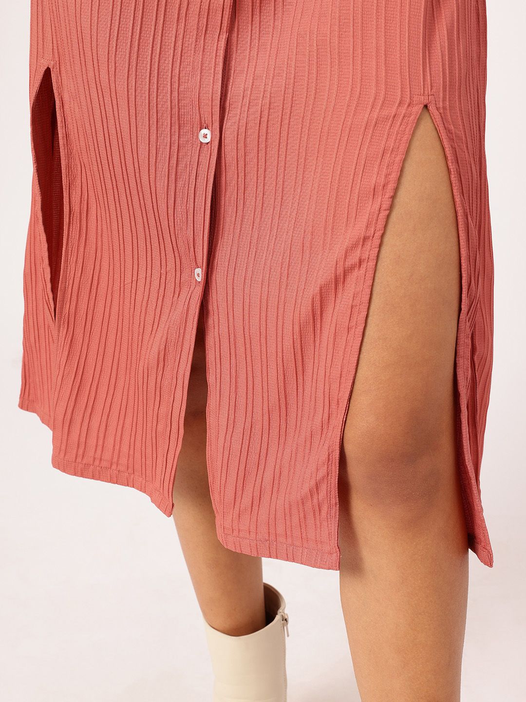DressBerry Slit & Style Textured Midi Shirt Dress