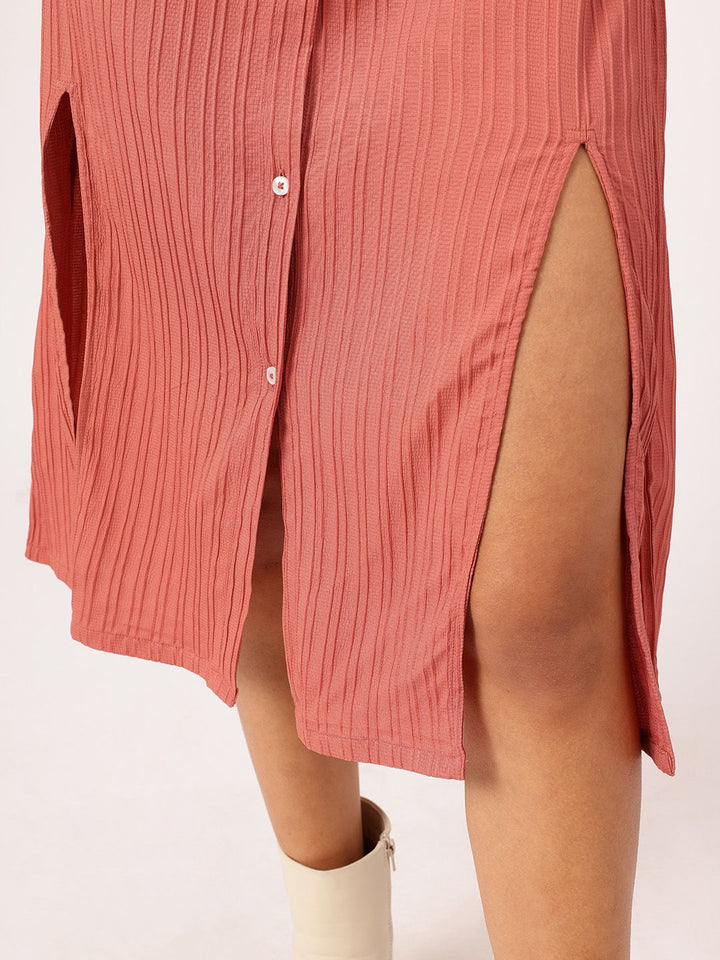 DressBerry Slit & Style Textured Midi Shirt Dress