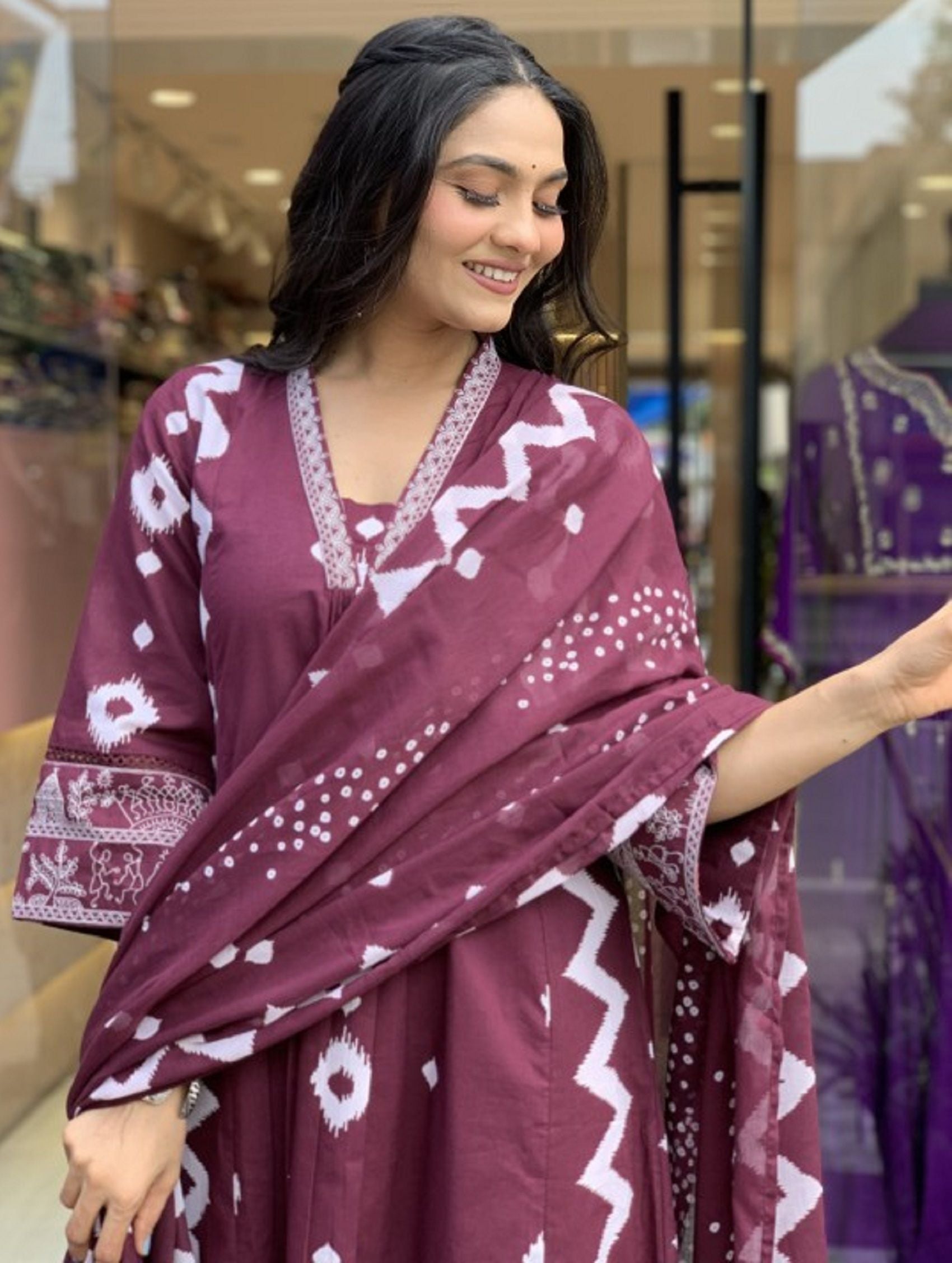 KALINI Geometric Printed Notch Neck Pleated A-Line Kurta With Trouser And Dupatta