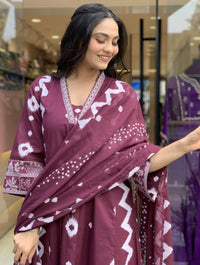 KALINI Geometric Printed Notch Neck Pleated A-Line Kurta With Trouser And Dupatta