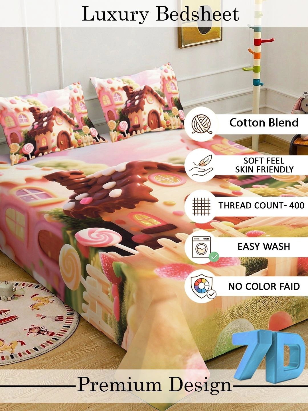 KLOTTHE Coklat Kartun Bercetak Flat 400 TC Cadar Katil King Double Dengan 2 Sarung Bantal