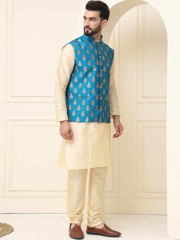 SOJANYA Kurta Kapas Sutera Kolar Mandarin Dengan Jaket Nehru Rekaan Churidar & Tenunan