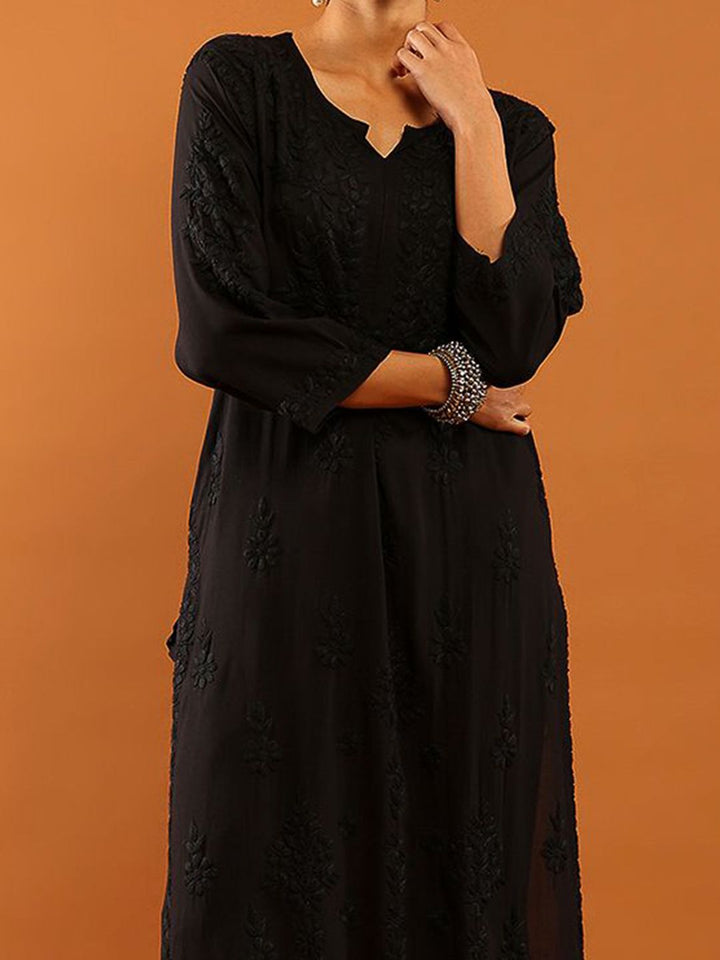 House of Chikankari Women Black Modal Chikankari Embroidered Kurta