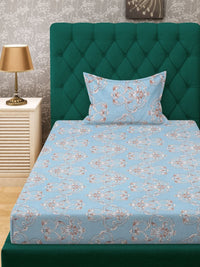 Aura Blue & White Ethnic Motifs 300 TC Single Bedsheet with 1 Pillow Cover