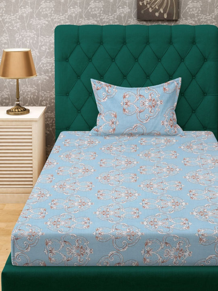 Aura Blue & White Ethnic Motifs 300 TC Single Bedsheet with 1 Pillow Cover