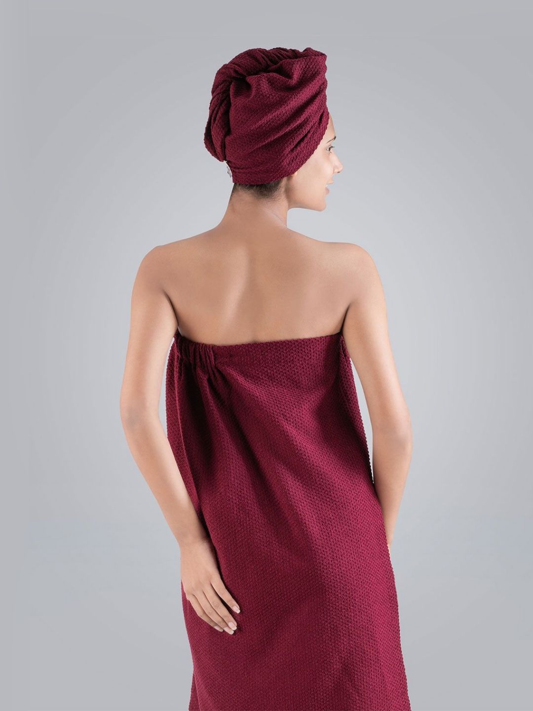 MYTRIDENT Maroon Cotton Bath Robe With HeadWrap