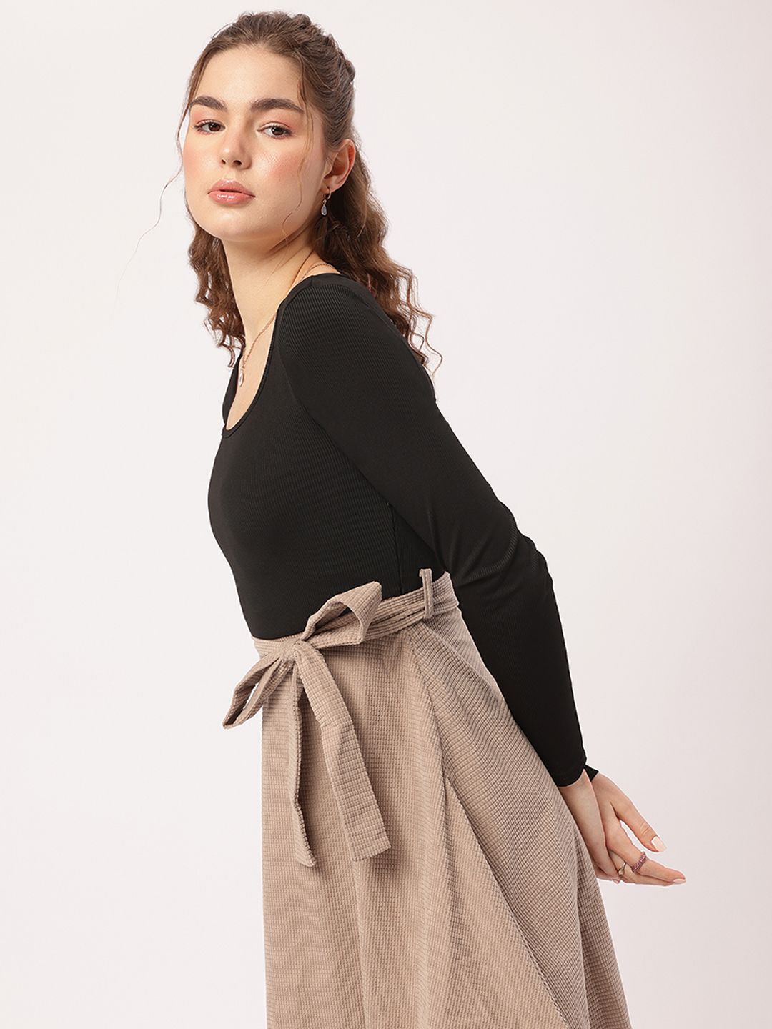 DressBerry Academia Core Textured Tie-Up Belt Fit & Flare Dress