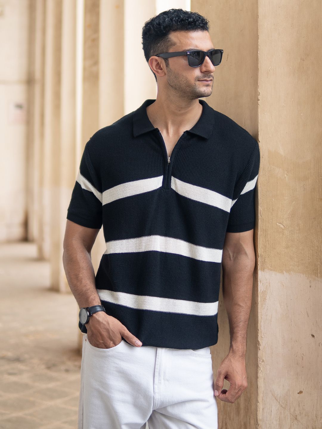 Powerlook Men Black & White Striped Pure Cotton Polo Collar T-shirt