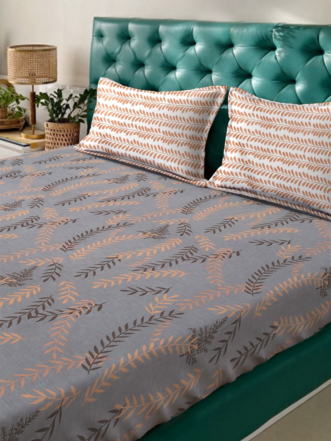 Myntra Elegant Homes Bunga Kelabu & Perang 300 TC Set Cadar Double King-2.5mX2.25m