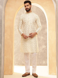 Anouk Cream Embroidered Mandarin Collar Kurta With Trouser