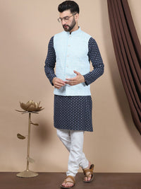Motif Etnik Kelabu Anouk Bersulam Kapas Tulen Kurta Lurus & Jaket Churidar & Nehru
