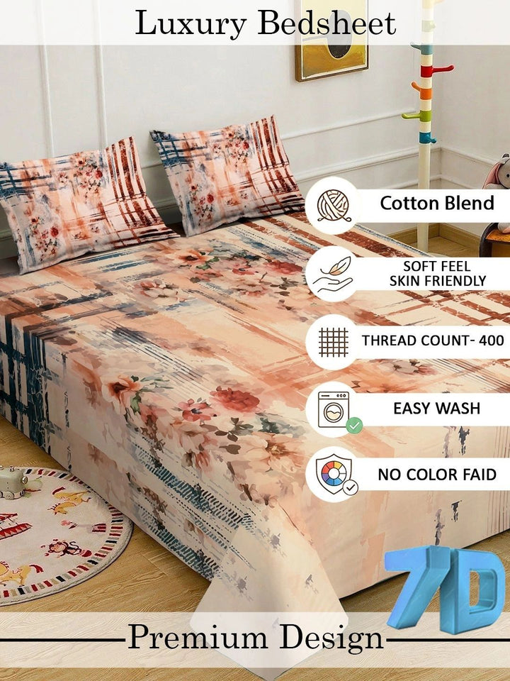 KLOTTHE Coklat & Peach-Coloured Floral 300 TC Cadar King dengan 2 Sarung Bantal
