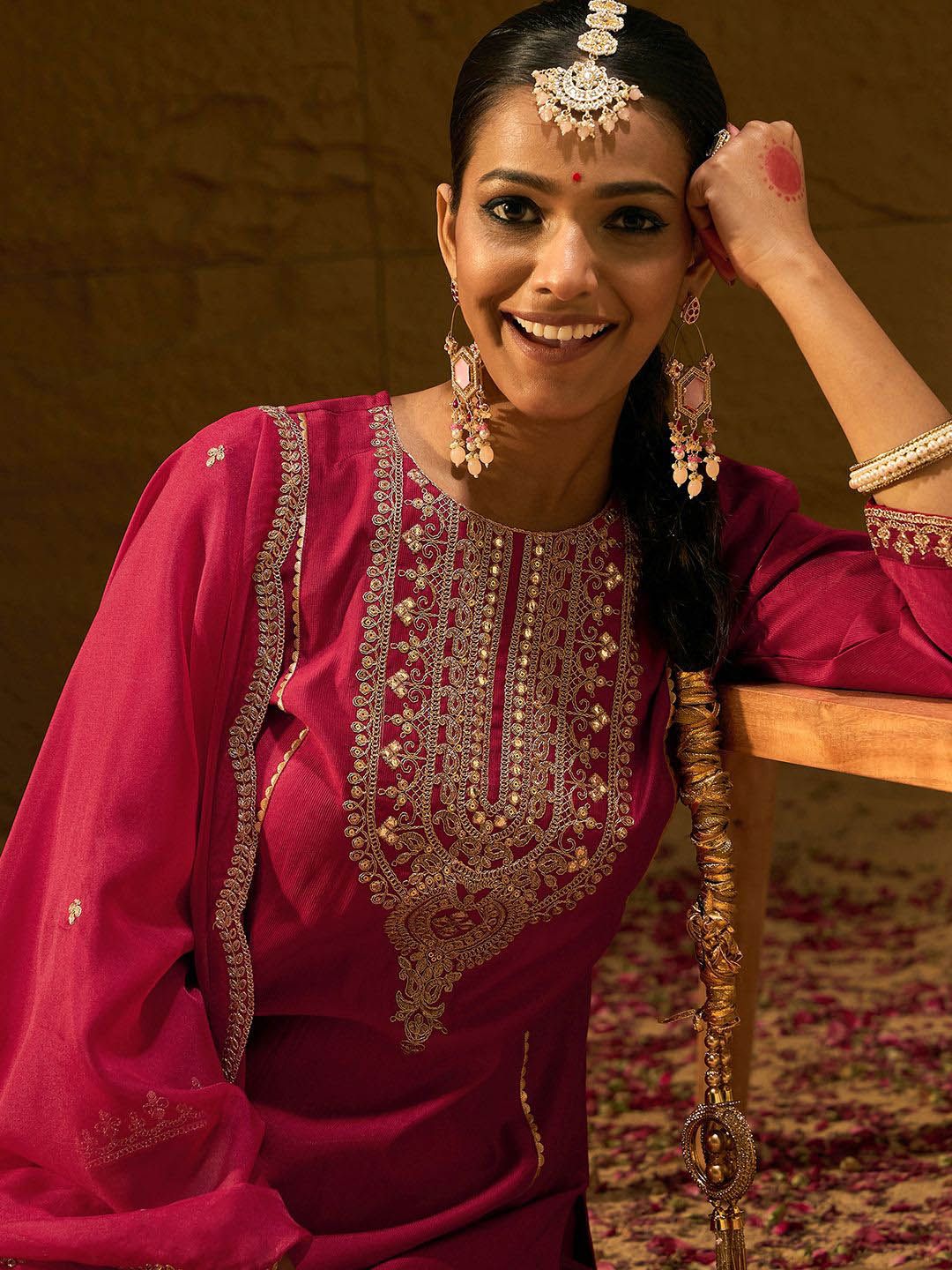 Indo Era Ethnic Motifs Yoke Design Thread Work Liva Straight Kurta With Trousers & Dupatta