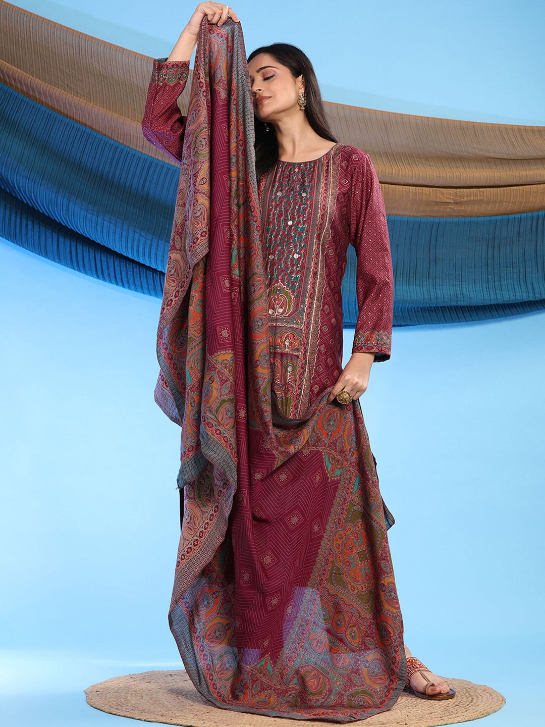 Mamicha Women Floral Embroidered Regular Pure Cotton Kurta with Palazzos & With Dupatta