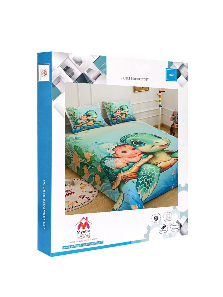 Myntra Elegant Homes Green Cartoon Print 300TC Super King Double Bedsheet & 2 Sarung Bantal