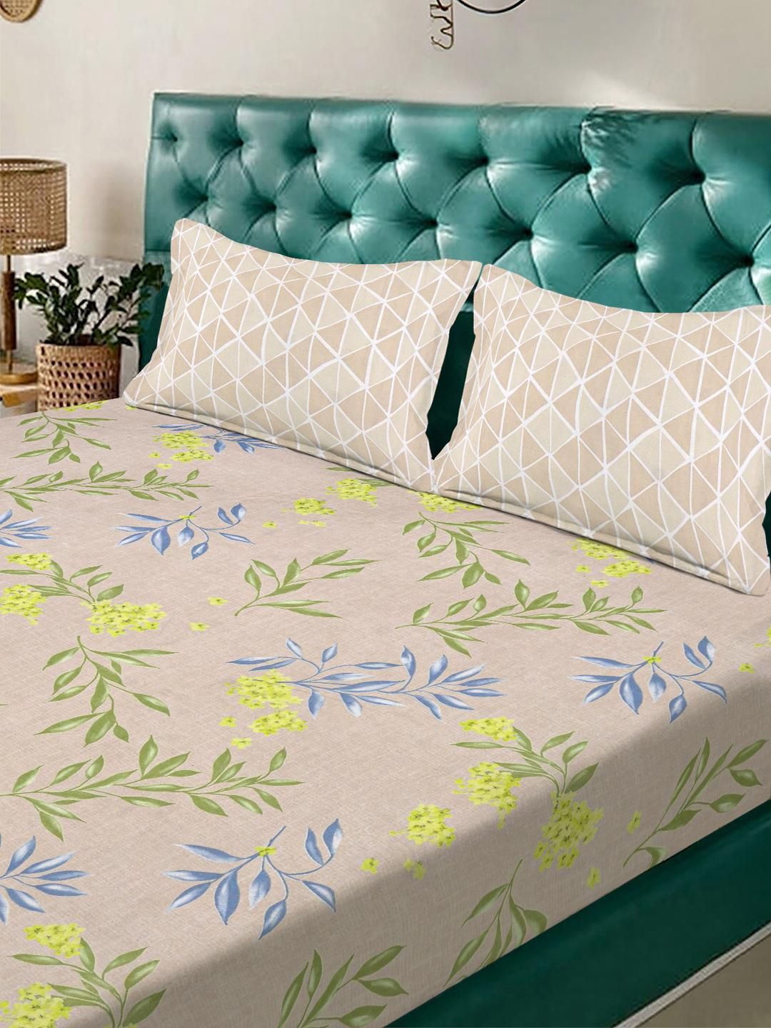 KLOTTHE Beige Floral 300 TC Cadar Katil King dengan 2 Sarung Bantal