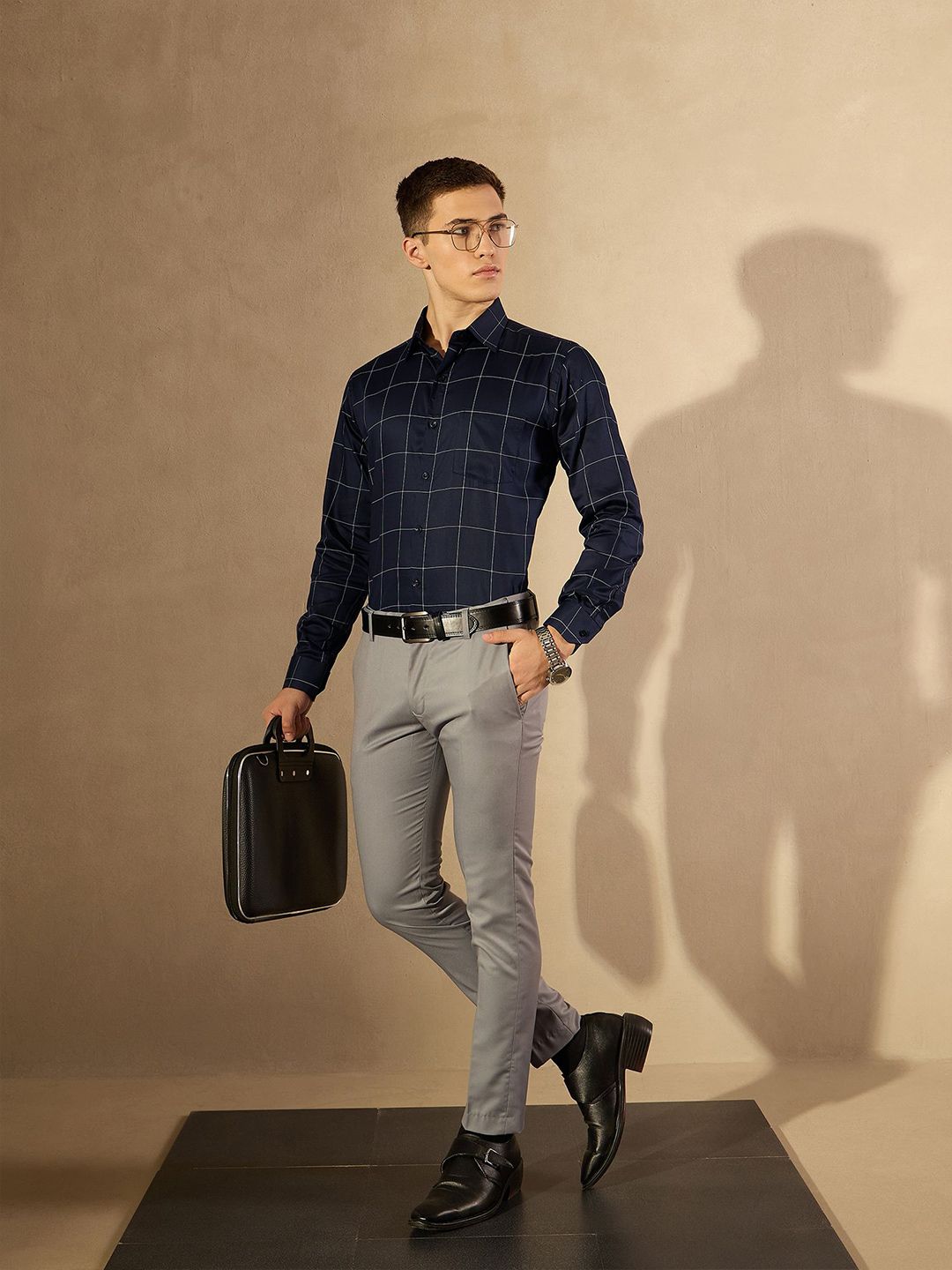 DENNISON Men Smart Spread Collar Windowpane Checked Cotton Formal Shirt