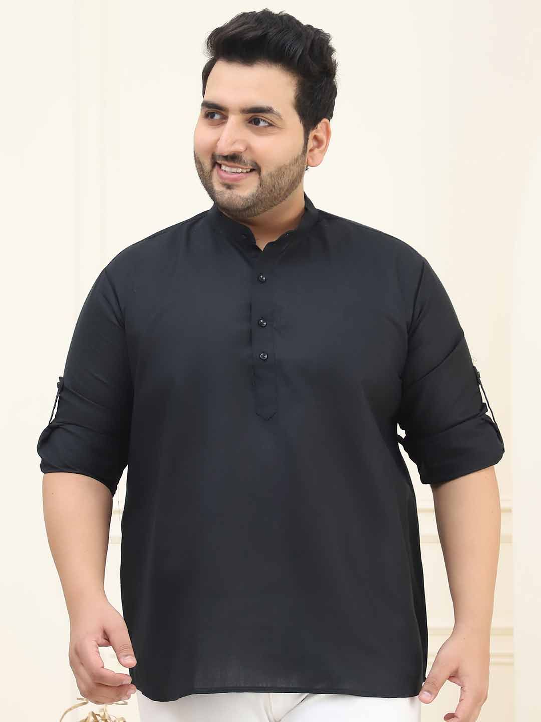 SOJANYA PLUS Band Collar Long Roll-Up Lengan Kurta Lurus Kapas Tulen