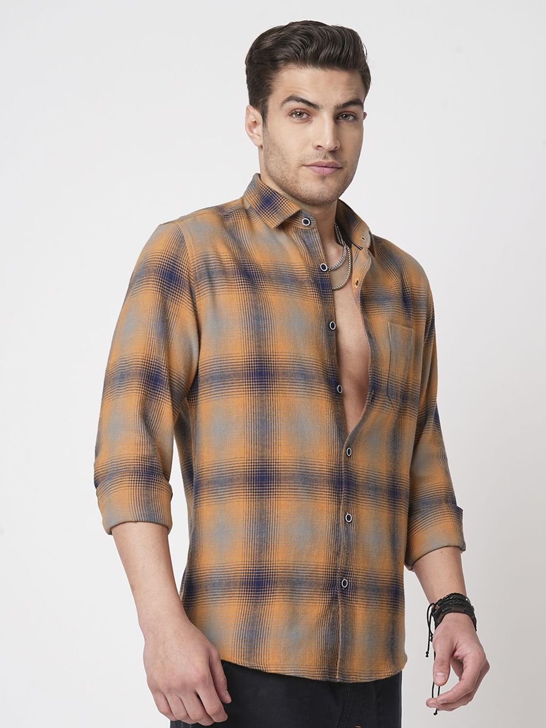 VASTRADO Men Classic Fit Spread Collar Checked Cotton Casual Shirt