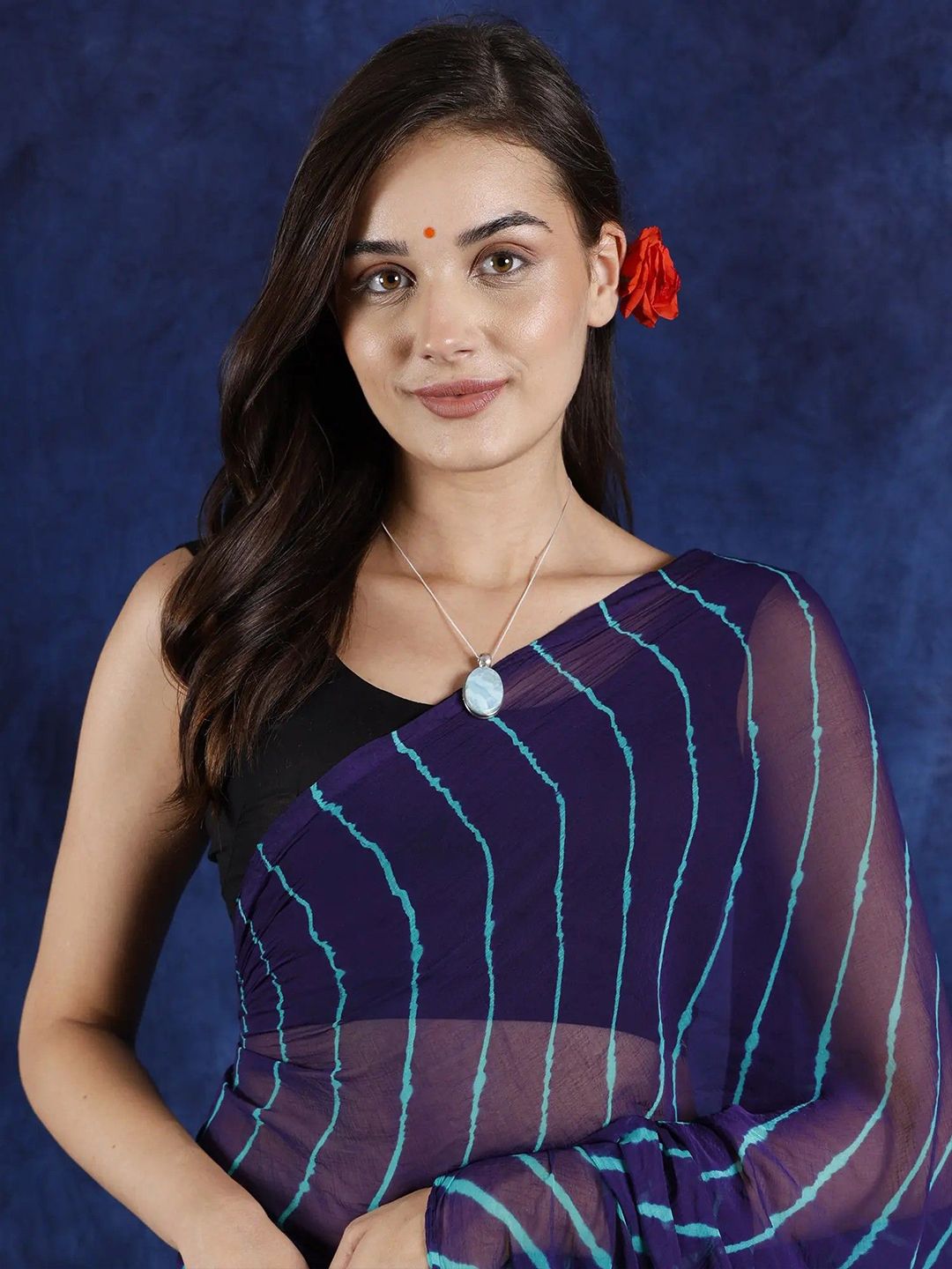 Exotic India Violet Indigo Leharia Tie-Dye Chiffon Saree