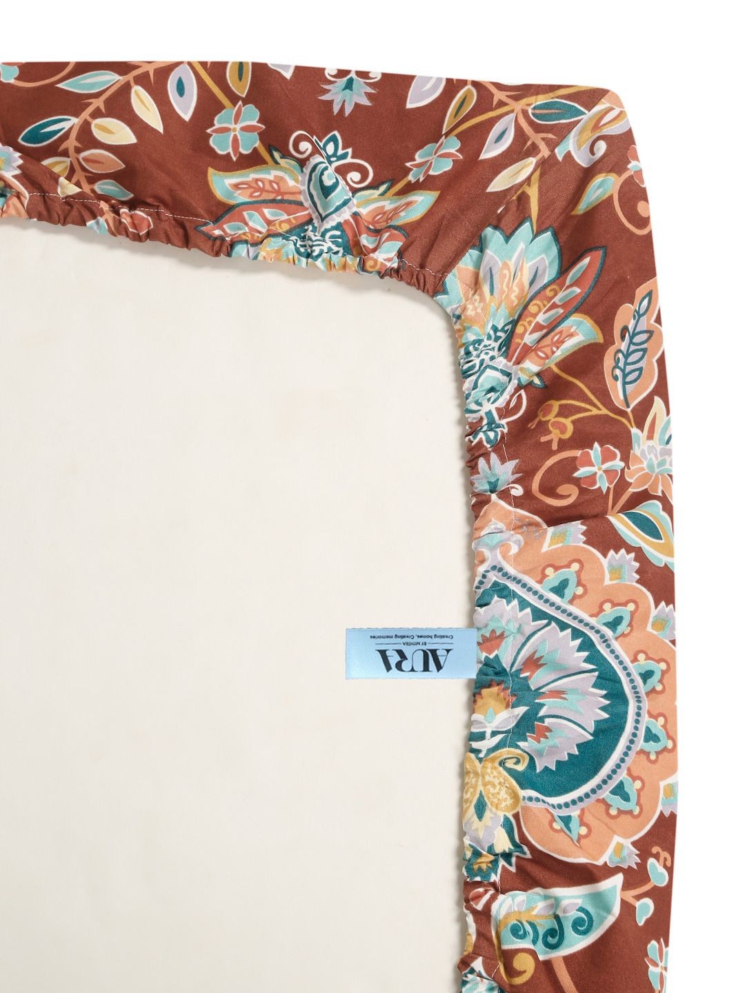 Aura Rust & Blue Ethnic Motifs Printed 300 TC Fitted King Bedsheet Set 2.5 x 2.25 m