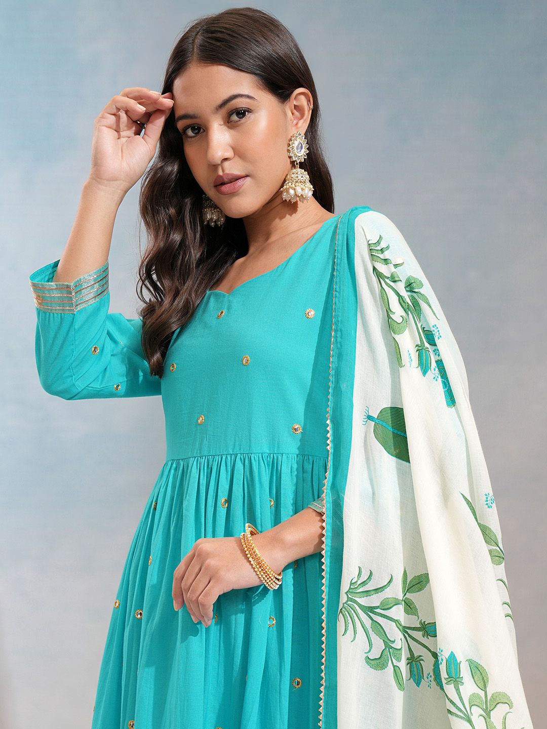 Vishudh Blue Floral Embroidered Sweetheart Neck Pure Cotton Kurta With Trousers & Dupatta