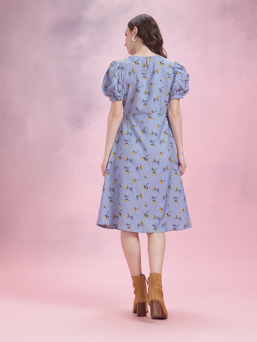 DressBerry Floral Print Puff Sleeve A-Line Dress