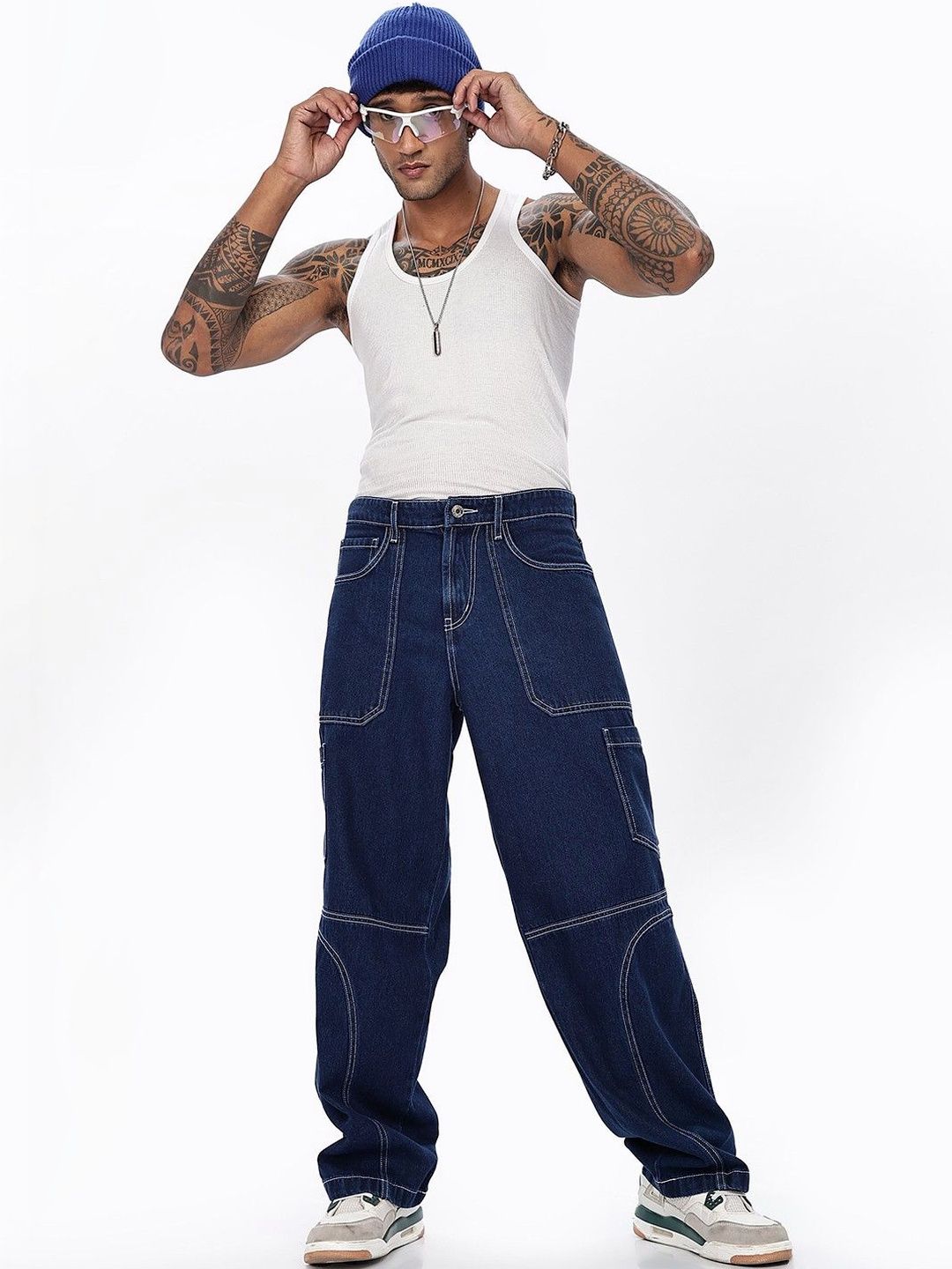 Eszett Lelaki Blue Baggy Fit Mid-Rise Gaya Kargo Jeans