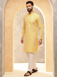 Anouk Yellow Geometric Sulam Mandarin Collar Straight Pure Cotton Fusion Kurta dengan Piyama