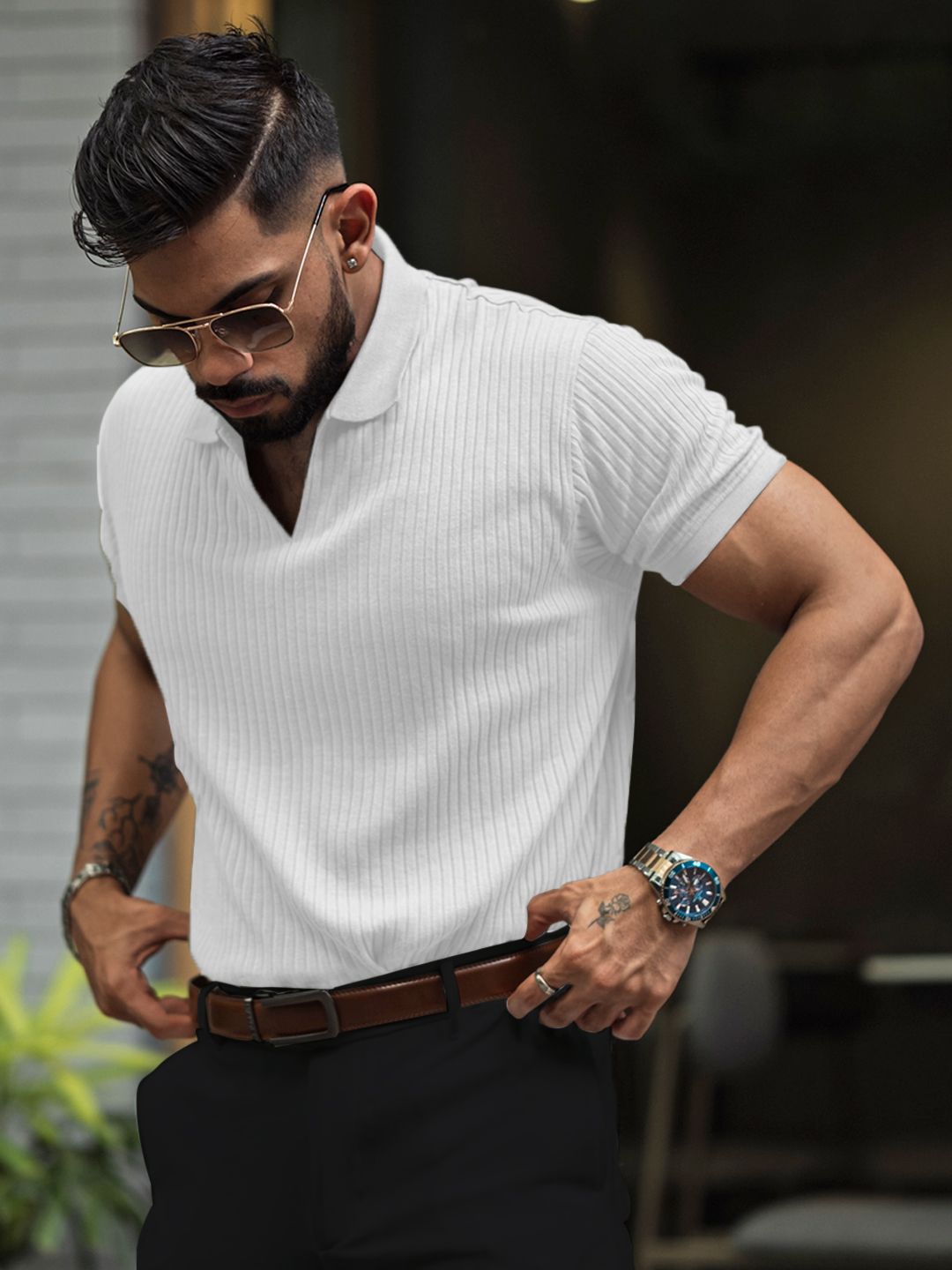 Powerlook Men Self Design Polo Collar Cotton T-shirt